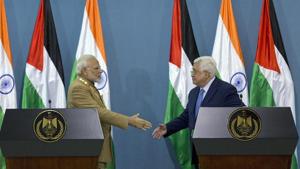 Prime Minister Narendra Modi shakes hands with Palestinian President Mahmoud Abbas following a joint statement at the end of their meeting at the Palestinian Authority headquarters in the West Bank city of Ramallah on February 10.(AP File Photo) Prime Minister Narendra Modi shakes hands with Palestinian President Mahmoud Abbas following a joint statement at the end of their meeting at the Palestinian Authority headquarters in the West Bank city of Ramallah on February 10.(AP File Photo)