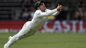 Dean Elgar took a brilliant catch of Tim Paine to dismiss him for 62 and bowl Australia out for 221 in the Johannesburg Test.(AP) Dean Elgar took a brilliant catch of Tim Paine to dismiss him for 62 and bowl Australia out for 221 in the Johannesburg Test.(AP)