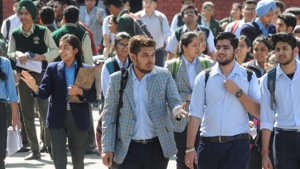 Students coming out from the exam centre at Government Model Senior Secondary School, Sector 16 Chandigarh after completing their first paper, English.(HT File Photo) Students coming out from the exam centre at Government Model Senior Secondary School, Sector 16 Chandigarh after completing their first paper, English.(HT File Photo)