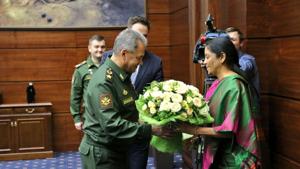 Defence minister Nirmala Sitharaman meets her Russian counterpart general Sergei Shoigu in Moscow on Tuesday.(@DefenceMinIndia/Twitter Photo) Defence minister Nirmala Sitharaman meets her Russian counterpart general Sergei Shoigu in Moscow on Tuesday.(@DefenceMinIndia/Twitter Photo)
