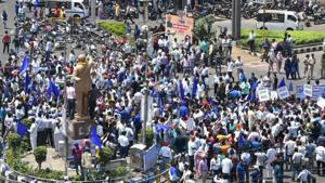 Members of Dalit community stage a protest during 'Bharat Bandh' against the alleged 'dilution' of Scheduled Castes/Scheduled Tribes act, in Bhopal on Monday.(PTI Photo) Members of Dalit community stage a protest during 'Bharat Bandh' against the alleged 'dilution' of Scheduled Castes/Scheduled Tribes act, in Bhopal on Monday.(PTI Photo)