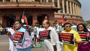 TMC leaders protest against atrocities on Dalits, at Parliament House in New Delhi on Tuesday.(PTI photo) TMC leaders protest against atrocities on Dalits, at Parliament House in New Delhi on Tuesday.(PTI photo)