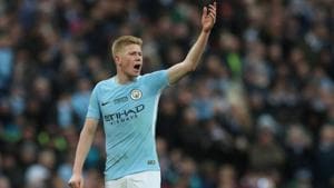 Manchester City's Kevin De Bruyne is hoping to seal the Premier League title against Manchester United.(Reuters) Manchester City's Kevin De Bruyne is hoping to seal the Premier League title against Manchester United.(Reuters)