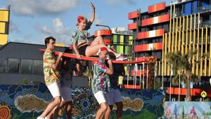 An Australian dance troupe performs during the flag hoisting ceremony of the Commonwealth Games participating countries, at the Athletes Village in Gold Coast, Australia on Tuesday.(PTI) An Australian dance troupe performs during the flag hoisting ceremony of the Commonwealth Games participating countries, at the Athletes Village in Gold Coast, Australia on Tuesday.(PTI)