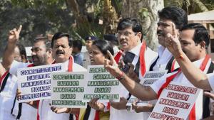 AIADMK MPs protest at Parliament House demanding creation of Cauvery Water Management Board during the second phase of budget session in New Delhi.(PTI) AIADMK MPs protest at Parliament House demanding creation of Cauvery Water Management Board during the second phase of budget session in New Delhi.(PTI)