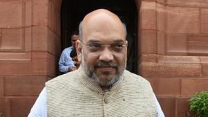 Bharatiya Janata Party president Amit Shah comes out of Parliament during the budget session in New Delhi on Monday.(Sushil Kumar/HT file photo)