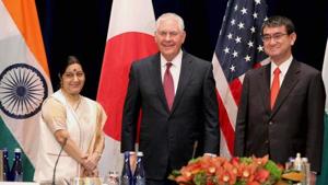 External affairs minister Sushma Swaraj with US secretary of state Rex Tillerson and Japanese foreign minister Taro Kono at the Palace Hotel in New York on September 18, 2017. Senior officials from the three countries held talks in accordance with the directions given by the foreign ministers, who met in New York on September 18.(PTI File photo) External affairs minister Sushma Swaraj with US secretary of state Rex Tillerson and Japanese foreign minister Taro Kono at the Palace Hotel in New York on September 18, 2017. Senior officials from the three countries held talks in accordance with the directions given by the foreign ministers, who met in New York on September 18.(PTI File photo)