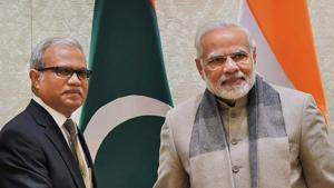 Foreign and special envoy of President of Maldives, Mohamed Asim, with Prime Minister Narendra Modi in New Delhi in January.(PTI File Photo) Foreign and special envoy of President of Maldives, Mohamed Asim, with Prime Minister Narendra Modi in New Delhi in January.(PTI File Photo)