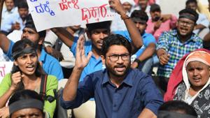 Activist Jignesh Mevani protests deaths of Dalits during Monday’s Bharat Bandh in Bengaluru on Wednesday.(PTI Photo) Activist Jignesh Mevani protests deaths of Dalits during Monday’s Bharat Bandh in Bengaluru on Wednesday.(PTI Photo)