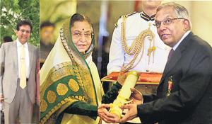 MV Subbiah getting his Padma Bhushan from former president Pratibha Patil; (left) Dilip Piramal. MV Subbiah getting his Padma Bhushan from former president Pratibha Patil; (left) Dilip Piramal.