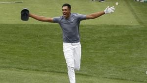 Tony Finau’s hole-in-one celebration resulted in a dislocated ankle, throwing his participation in the Augusta Masters in doubt.(AP) Tony Finau’s hole-in-one celebration resulted in a dislocated ankle, throwing his participation in the Augusta Masters in doubt.(AP)