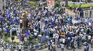 Members of the Dalit community stage a protest during 'Bharat Bandh' against the alleged 'dilution' of Scheduled Castes/Scheduled Tribes act, in Bhopal on April 2, 2018.(PTI) Members of the Dalit community stage a protest during 'Bharat Bandh' against the alleged 'dilution' of Scheduled Castes/Scheduled Tribes act, in Bhopal on April 2, 2018.(PTI)