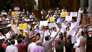 Opposition members protest in the well of the Rajya Sabha during the budget session.(PTI FILE Photo / TV GRAB) Opposition members protest in the well of the Rajya Sabha during the budget session.(PTI FILE Photo / TV GRAB)