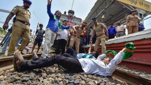 Members of Tamil Nadu Farmers Association stage 'rail roko' protest during a bandh called by the opposition parties in Tamil Nadu, in Chennai earlier this week.(PTI File Photo) Members of Tamil Nadu Farmers Association stage 'rail roko' protest during a bandh called by the opposition parties in Tamil Nadu, in Chennai earlier this week.(PTI File Photo)