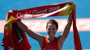Bermuda's Flora Duffy celebrates on the finish line after winning the women’s triathlon in the 2018 Commonwealth Games at the Southport Broadwater Parklands venue in the Gold Coast on Thursday.(AFP) Bermuda's Flora Duffy celebrates on the finish line after winning the women’s triathlon in the 2018 Commonwealth Games at the Southport Broadwater Parklands venue in the Gold Coast on Thursday.(AFP)