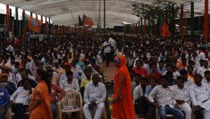 BJP workers at Bandra-Kurla Complex in Mumbai on Friday. Party leaders said an estimated three lakh workers from across Maharashtra will attend the rally.(Satish Bate/HT Photo) BJP workers at Bandra-Kurla Complex in Mumbai on Friday. Party leaders said an estimated three lakh workers from across Maharashtra will attend the rally.(Satish Bate/HT Photo)