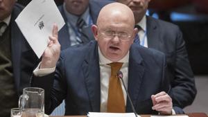 Russian Ambassador to the United Nations Vassily Nebenzia holds up a British report on the Salisbury Incident as he speaks during a Security Council meeting on the situation between Britain and Russia Thursday, April 5, 2018 at United Nations headquarters.(AP) Russian Ambassador to the United Nations Vassily Nebenzia holds up a British report on the Salisbury Incident as he speaks during a Security Council meeting on the situation between Britain and Russia Thursday, April 5, 2018 at United Nations headquarters.(AP)