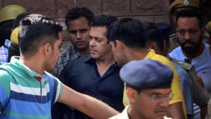 Salman Khan is taken away from the court after he was sentenced to five years in jail in decades-old poaching case in Jodhpur on Thursday.(PTI Photo) Salman Khan is taken away from the court after he was sentenced to five years in jail in decades-old poaching case in Jodhpur on Thursday.(PTI Photo)