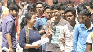 Students coming out of the JEE Main exam at Bal Vidya Mandir in Lucknow on Sunday.(HT photo/Deepak Gupta)