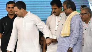 Congress president Rahul Gandhi with Karnataka chief minister Siddaramaiah at Palace Ground in Bengaluru on Sunday.(Arijit Sen/HT Photo) Congress president Rahul Gandhi with Karnataka chief minister Siddaramaiah at Palace Ground in Bengaluru on Sunday.(Arijit Sen/HT Photo)