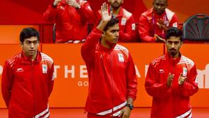 India's Sharath Kamal, Sathiyan Gnanasekaran and Harmeet Desai teamed up to win the men’s table tennis gold medal at the 2018 Commonwealth Games in Gold Coast on Monday, beating Nigeria 3-0 in the final.(PTI)