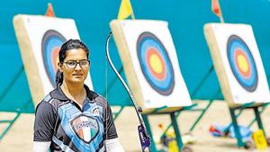 Bhagyashree Kolte at ASI Ghorpadi Archery range on Sunday.(Rahul Raut/HT PHOTO) Bhagyashree Kolte at ASI Ghorpadi Archery range on Sunday.(Rahul Raut/HT PHOTO)