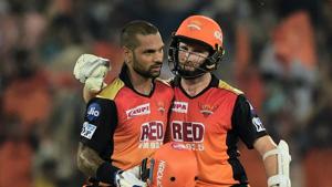 Shikhar Dhawan (L) capitalised on a reprieve when on nought as he smashed his way to an unbeaten 77 to help Sunrisers Hyderabad thrash Rajasthan Royals by nine wickets in their opening game of the 2018 Indian Premier League (IPL) at the Rajiv Gandhi International Stadium, Hyderabad on Monday.(PTI) Shikhar Dhawan (L) capitalised on a reprieve when on nought as he smashed his way to an unbeaten 77 to help Sunrisers Hyderabad thrash Rajasthan Royals by nine wickets in their opening game of the 2018 Indian Premier League (IPL) at the Rajiv Gandhi International Stadium, Hyderabad on Monday.(PTI)