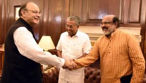 Kerala chief minister Pinarayi and his finance minister Thomas Isaac (right) meeti with union finance minister Arun Jaitley in Delhi in this file photo.(Sonu Mehta/HT file photo) Kerala chief minister Pinarayi and his finance minister Thomas Isaac (right) meeti with union finance minister Arun Jaitley in Delhi in this file photo.(Sonu Mehta/HT file photo)