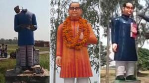 (From left) The vandalised statue of BR Ambedkar, the saffron version of the newly-installed statue and the one re-painted blue.(HT photo) (From left) The vandalised statue of BR Ambedkar, the saffron version of the newly-installed statue and the one re-painted blue.(HT photo)