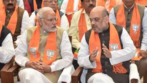 File photo of Prime Minister Narendra Modi and Amit Shah at a BJP Parliamentary meeting in New Delhi.(PTI) File photo of Prime Minister Narendra Modi and Amit Shah at a BJP Parliamentary meeting in New Delhi.(PTI)