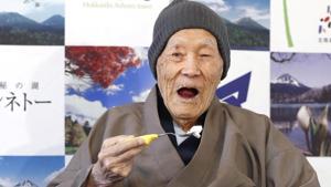 Japanese Masazo Nonaka, who was born 112 years and 259 days ago, eats his favourite cake as he receives a Guinness World Records certificate naming him the world's oldest man during a ceremony in Ashoro, Japan.(REUTERS) Japanese Masazo Nonaka, who was born 112 years and 259 days ago, eats his favourite cake as he receives a Guinness World Records certificate naming him the world's oldest man during a ceremony in Ashoro, Japan.(REUTERS)