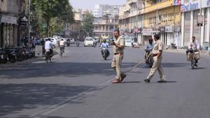 Police men on duty during ‘Bharat Bandh’, which many say, was called by some groups opposed to caste-based reservations in education and jobs, in Jaipur on Tuesday.(Himanshu Vyas/HT) Police men on duty during ‘Bharat Bandh’, which many say, was called by some groups opposed to caste-based reservations in education and jobs, in Jaipur on Tuesday.(Himanshu Vyas/HT)