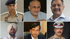 Top: Suresh Arora, DGP, Punjab police chief (left); Harpreet Sidhu, ADGP, special task force (centre); S Chattopadhyaya, DGP, human resource development (right); and bottom: Raj Jit Singh Hundal, senior superintendent of police, Moga (left); Dinkar Gupta, DGP, intelligence (centre) and Mohd Mustafa, DGP, human rights commission.(HT Photos) Top: Suresh Arora, DGP, Punjab police chief (left); Harpreet Sidhu, ADGP, special task force (centre); S Chattopadhyaya, DGP, human resource development (right); and bottom: Raj Jit Singh Hundal, senior superintendent of police, Moga (left); Dinkar Gupta, DGP, intelligence (centre) and Mohd Mustafa, DGP, human rights commission.(HT Photos)