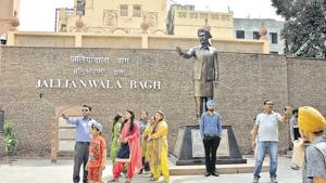 Visitors taking selfies in front of the statue of Shaheed Udham Singh at Jallianwala Bagh in Amritsar. The 10-foot statue of the freedom fighter was unveiled by Union home minister Rajnath Singh on March 13 this year.(Sameer Sehgal /HT Photo) Visitors taking selfies in front of the statue of Shaheed Udham Singh at Jallianwala Bagh in Amritsar. The 10-foot statue of the freedom fighter was unveiled by Union home minister Rajnath Singh on March 13 this year.(Sameer Sehgal /HT Photo)