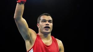 India's Vikas Krishan Yadav celebrates after beating Zambia's Benny Muziyo in the Men's 75kg category quarterfinals boxing event at the Commonwealth Games 2018 at Oxenford Studios in Gold Coast on Wednesday.(PTI) India's Vikas Krishan Yadav celebrates after beating Zambia's Benny Muziyo in the Men's 75kg category quarterfinals boxing event at the Commonwealth Games 2018 at Oxenford Studios in Gold Coast on Wednesday.(PTI)