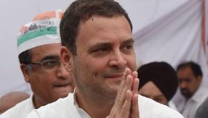 Congress president Rahul Gandhi greets party workers after he arrives to observe a fast outside Raj Ghat, the memorial to Mahatama Gandhi, on April 9, 2018.(AFP) Congress president Rahul Gandhi greets party workers after he arrives to observe a fast outside Raj Ghat, the memorial to Mahatama Gandhi, on April 9, 2018.(AFP)