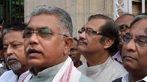 West Bengal BJP president Dilip Ghosh along with Mukul Roy and other party leaders interact with the media in Kolkata on Tuesday after meeting with Governor Keshari Nath Tripathy over the violence ahead of panchayat polls in the State.(PTI) West Bengal BJP president Dilip Ghosh along with Mukul Roy and other party leaders interact with the media in Kolkata on Tuesday after meeting with Governor Keshari Nath Tripathy over the violence ahead of panchayat polls in the State.(PTI)