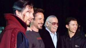 Benedict Cumberbatch, Robert Downey Jr , Stan Lee and Tom Holland on the sets of Avengers Infinity War.(YouTube)
