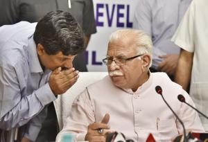 Haryana CM Manohar Lal Khattar during a press conference at the PWD rest house on Thursday.(Sanjeev Verma/HT PHOTO) Haryana CM Manohar Lal Khattar during a press conference at the PWD rest house on Thursday.(Sanjeev Verma/HT PHOTO)