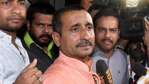 BJP MLA from Unnao, Kuldeep Singh Sengar, stands outside the office of the Senior Superintendent of Police in Lucknow.(PTI Photo) BJP MLA from Unnao, Kuldeep Singh Sengar, stands outside the office of the Senior Superintendent of Police in Lucknow.(PTI Photo)