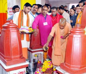 Yogi Adityanath, chief minister of Uttar Pradesh, performing pooja at Peetambara Shaktipeeth, Datia on Thursday (The photo was posted on his Twitter page by the CM) Yogi Adityanath, chief minister of Uttar Pradesh, performing pooja at Peetambara Shaktipeeth, Datia on Thursday (The photo was posted on his Twitter page by the CM)