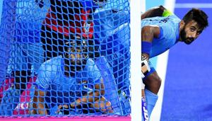 Indian men’s hockey team skipper Manpreet Singh (R) gets ready to defend against a penalty corner by England during their hockey bronze medal play-off match of the 2018 Commonwealth Games in Gold Coast on Saturday. England scored twice from penalty corners to win 2-1 and take home the bronze.(AFP) Indian men’s hockey team skipper Manpreet Singh (R) gets ready to defend against a penalty corner by England during their hockey bronze medal play-off match of the 2018 Commonwealth Games in Gold Coast on Saturday. England scored twice from penalty corners to win 2-1 and take home the bronze.(AFP)