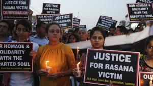 Lawyers participate in a candle light procession in protest against the rape and murder of an 8-year-old girl, in Jammu on Saturday.(AP Photo) Lawyers participate in a candle light procession in protest against the rape and murder of an 8-year-old girl, in Jammu on Saturday.(AP Photo)