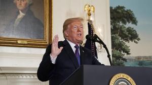US President Donald Trump announces military strikes on Syria while delivering a statement from the White House in Washington.(REUTERS) US President Donald Trump announces military strikes on Syria while delivering a statement from the White House in Washington.(REUTERS)