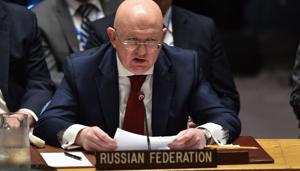 Russian Ambassador to the UN Vasily Nebenzya speaks during UN Security Council meeting, at United Nations Headquarters in New York, on April 14, 2018. Russia and Syria clashed with the three Western allies over the legality of the airstrikes.(AFP)