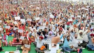 Members of Sanjha Morcha Teachers union protesting against the Punjab government in Patiala on Sunday.(Bharat Bhushan/HT) Members of Sanjha Morcha Teachers union protesting against the Punjab government in Patiala on Sunday.(Bharat Bhushan/HT)