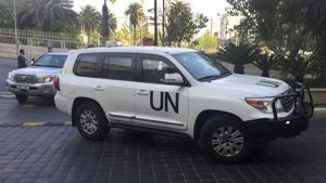 United Nations vehicles carry the team of the Organization for the Prohibition of Chemical Weapons (OPCW), arrive at hotel hours after the US, France and Britian launched an attack on Syrian facilities to punish President Bashar Assad for suspected chemical attack against civilians, in Damascus, Syria,(AP) United Nations vehicles carry the team of the Organization for the Prohibition of Chemical Weapons (OPCW), arrive at hotel hours after the US, France and Britian launched an attack on Syrian facilities to punish President Bashar Assad for suspected chemical attack against civilians, in Damascus, Syria,(AP)