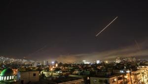 Damascus skies are alight as the US launches an attack on Syria, targeting different parts of the capital Damascus.(Hassan Ammar/AP Photo) Damascus skies are alight as the US launches an attack on Syria, targeting different parts of the capital Damascus.(Hassan Ammar/AP Photo)