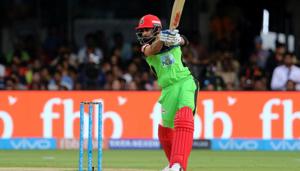Get live cricket scores of the IPL 2018 match between Royal Challengers Bangalore (RCB) and Rajasthan Royals (RR) here. Virat Kohli, captain of the Royal Challengers Bangalore, plays a shot during match eleven of the Indian Premier League 2018 (IPL 2018) against the Rajasthan Royals held at the M. Chinnaswamy Stadium in Bangalore.(IPL) Get live cricket scores of the IPL 2018 match between Royal Challengers Bangalore (RCB) and Rajasthan Royals (RR) here. Virat Kohli, captain of the Royal Challengers Bangalore, plays a shot during match eleven of the Indian Premier League 2018 (IPL 2018) against the Rajasthan Royals held at the M. Chinnaswamy Stadium in Bangalore.(IPL)