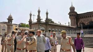 Police officials at the Mecca Masjid in old city of Hyderabad on Monday.(PTI photo) Police officials at the Mecca Masjid in old city of Hyderabad on Monday.(PTI photo)